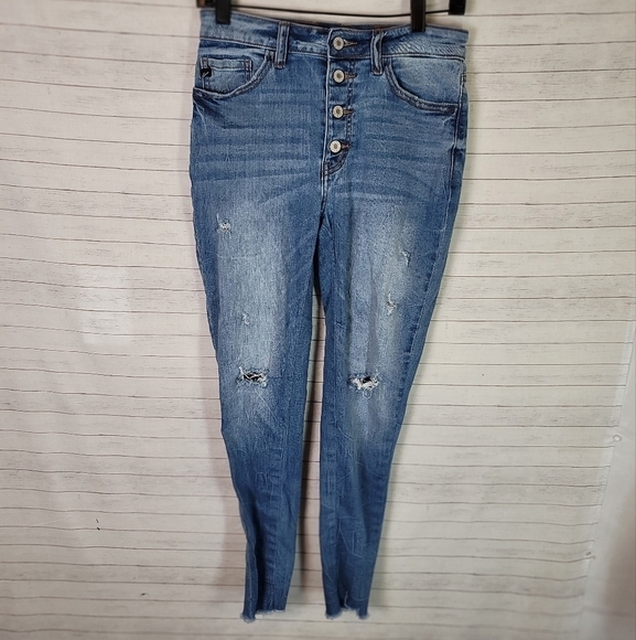 KANCAN BUTTON FRONT JEANS W SHARK BITE ANKLES, SZ 9 - Picture 1 of 12